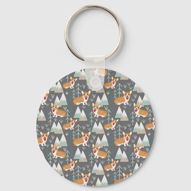Corgis in the Mountains and Forest Pattern Keychain (Front)