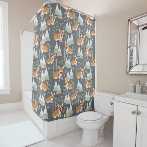 Corgis in the Mountains and Forest Pattern Shower Curtain