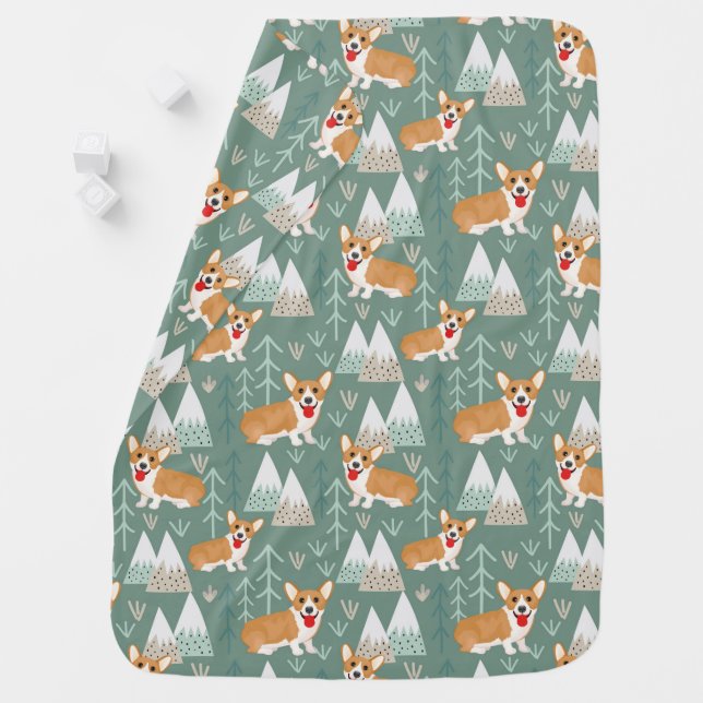 Corgis in the Mountains Forest Pattern Baby Blanket (In Situ)