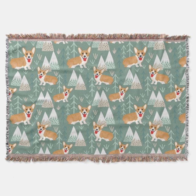 Corgis in the Mountains Forest Pattern Throw Blanket (Front)