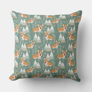Corgis in the Mountains Forest Pattern Throw Pillow