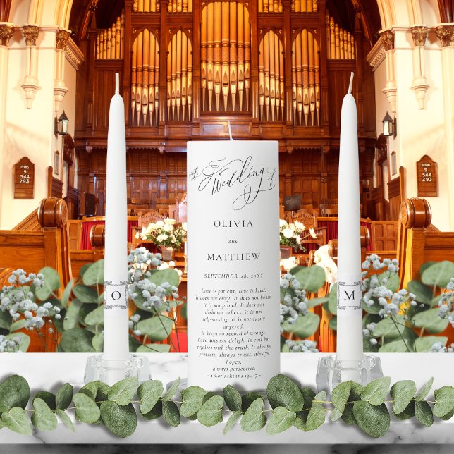 Corinthians Bible Verse Christian Elegant Monogram Unity Candle Set (These elegant unity candles feature a Bible verse and are perfect for a Christian wedding)