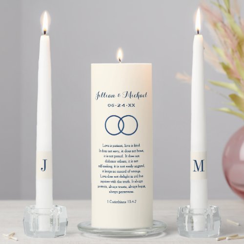 Corinthians Bible Verse Navy Ivory Wedding Unity Candle Set