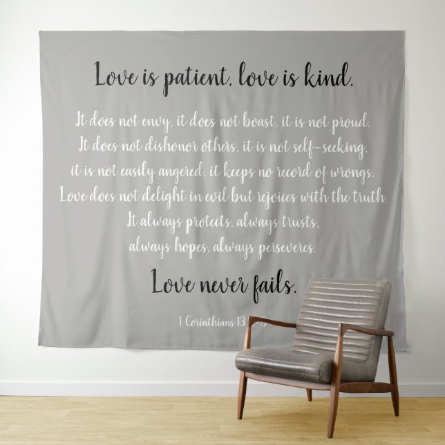 Corinthians Verse, Love is Patient (B&W on gray) Tapestry (In Situ (Horizontal))