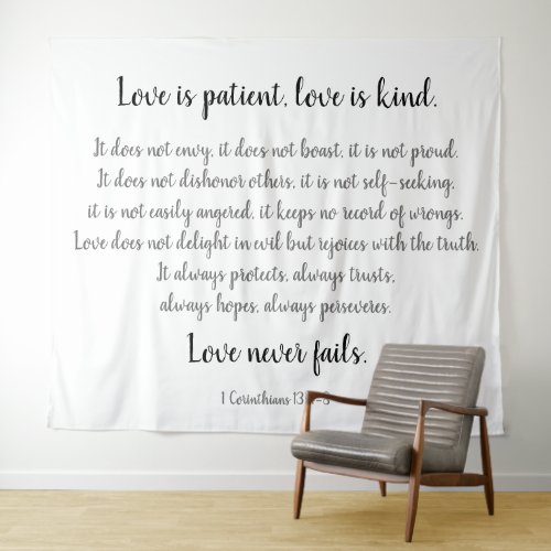 Corinthians Verse Love is Patient black on white Tapestry