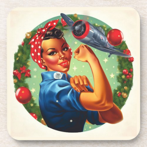 Cork Backed Coaster _ Rosie the Riveter Christmas