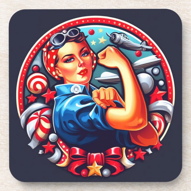 Cork Backed Coaster - Rosie the Riveter Christmas (Front)