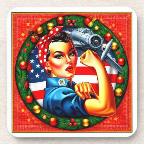 Cork Backed Coaster _ Rosie the Riveter Christmas