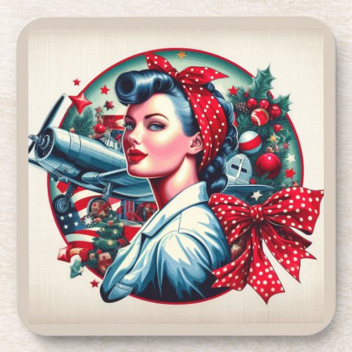 Cork Backed Coaster _ Rosie the Riveter Christmas