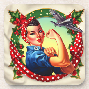 Cork Backed Coaster - Rosie the Riveter Christmas