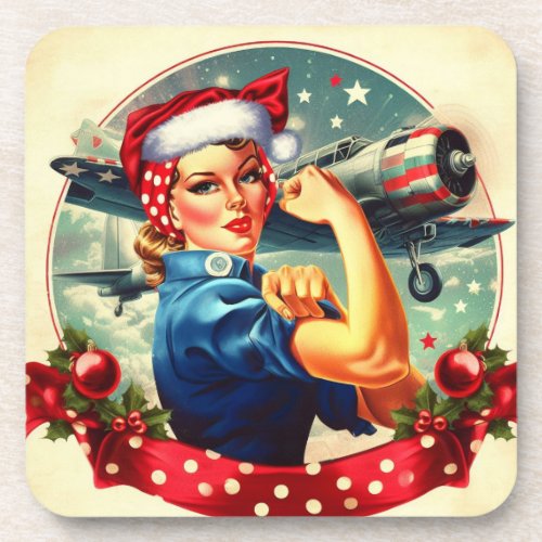 Cork Backed Coaster _ Rosie the Riveter Christmas