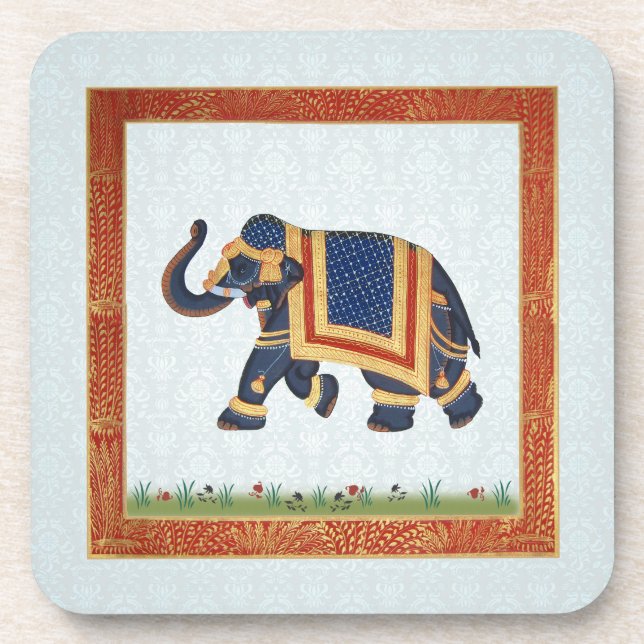 Cork Coaster white grey blue red gold Elephant (Front)
