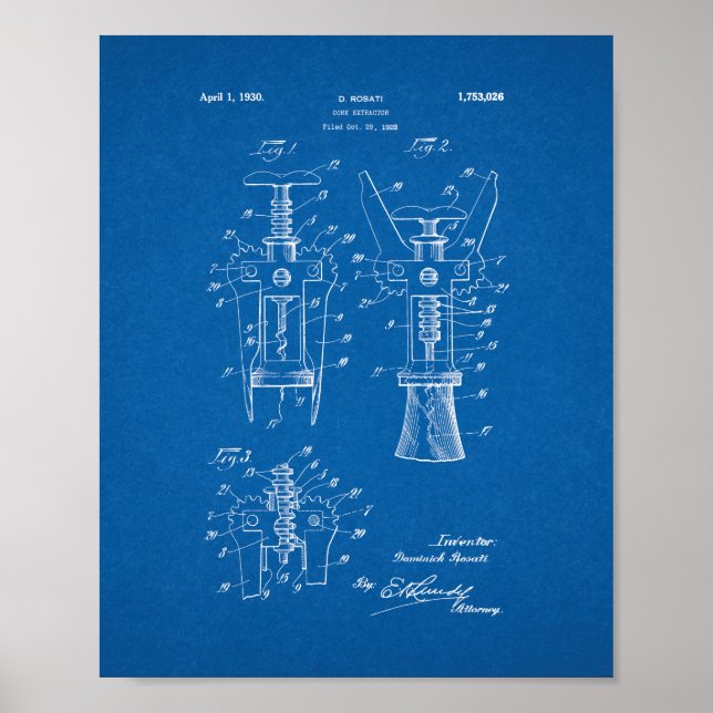 Cork Extractor Patent - Blueprint Poster (Front)
