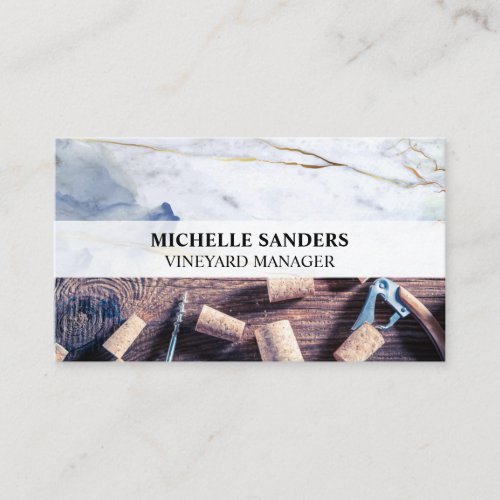 Corks and Wine Openers on Wooden Table  Marble Business Card