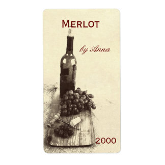 corks, corkscrew and grapes wine bottle label