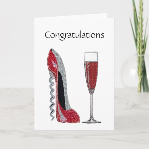 Corkscrew Heel Red Stiletto and Champagne Glass Card