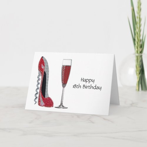 Corkscrew Heel Red Stiletto and Champagne Glass Card