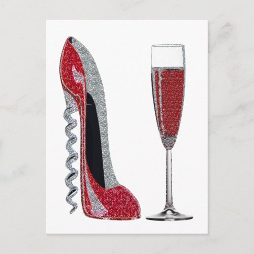 Corkscrew Heel Red Stiletto and Champagne Glass Postcard