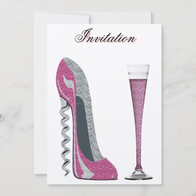 Corkscrew Pink Stiletto and Champagne Invitation (Front)