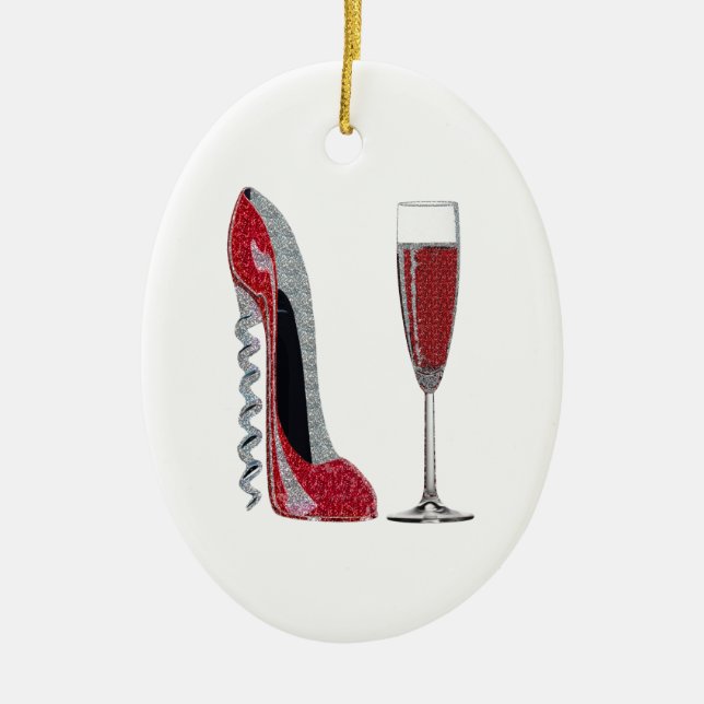 Corkscrew Red Stiletto and Champagne Glass Art Ceramic Ornament (Front)