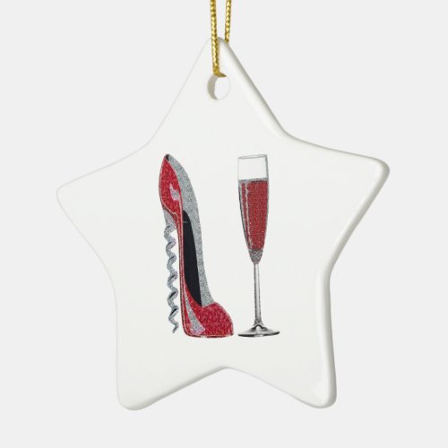 Corkscrew Red Stiletto and Red Wine Art Ceramic Ornament