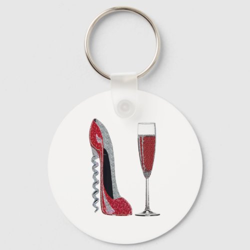 Corkscrew Red Stiletto and Red Wine Art Keychain