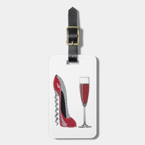 Corkscrew Red Stiletto and Red Wine Art Luggage Tag
