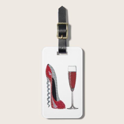 Corkscrew Red Stiletto and Red Wine Art Luggage Tag