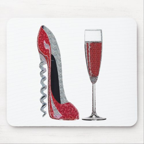 Corkscrew Red Stiletto and Red Wine Art Mouse Pad