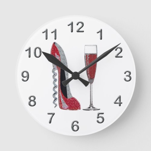 Corkscrew Red Stiletto and Red Wine Art Round Clock