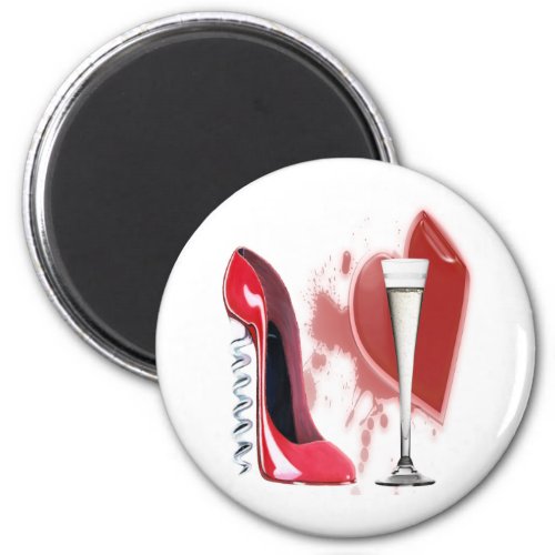 Corkscrew Red Stiletto Shoe Champagne and Heart Magnet