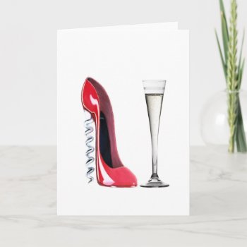 Corkscrew Stiletto Shoe And Champagne Flute Glass Card by shoe_art at Zazzle