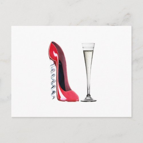 Corkscrew Stiletto Shoe and Champagne Flute Glass Postcard