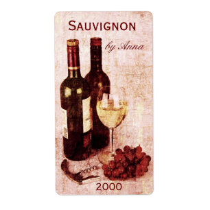 corkscrew, wine glass and grapes wine bottle label