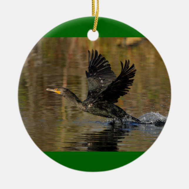 cormorant takeoff ceramic ornament (Front)