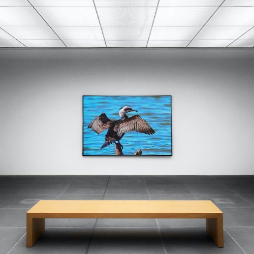 Cormorant With Outspread Wings On Blue Water Art Canvas Print