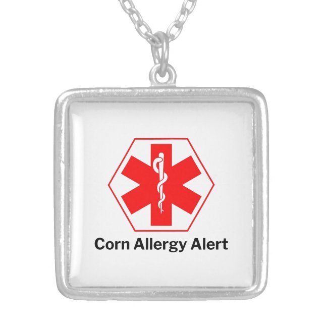 Corn Allergy Alert Charm Silver Plated Necklace (Front)