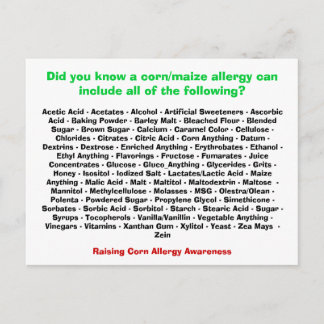 Corn Allergy List - Postcard