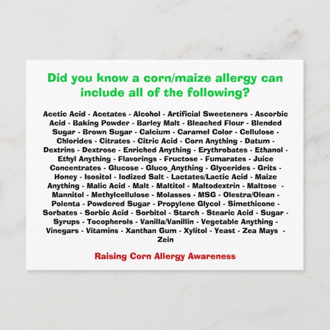 Corn Allergy List - Postcard (Front)