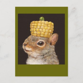 Corn And Pea Hatted Squirrel Postcard by vickisawyer at Zazzle