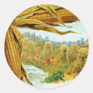 Corn and Pumpkins Vintage Thanksgiving Classic Round Sticker