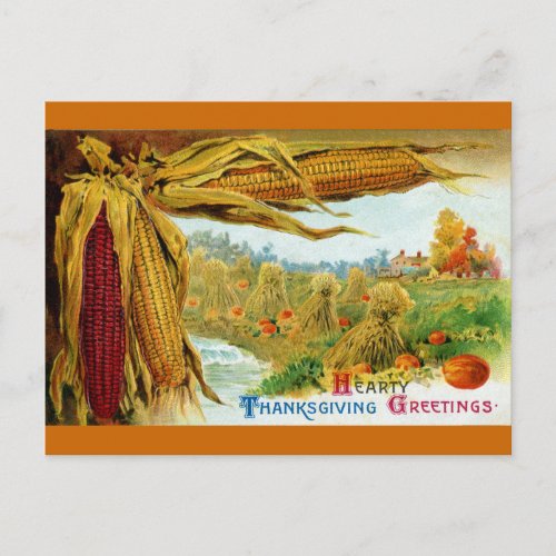 Corn and Pumpkins Vintage Thanksgiving Holiday Postcard