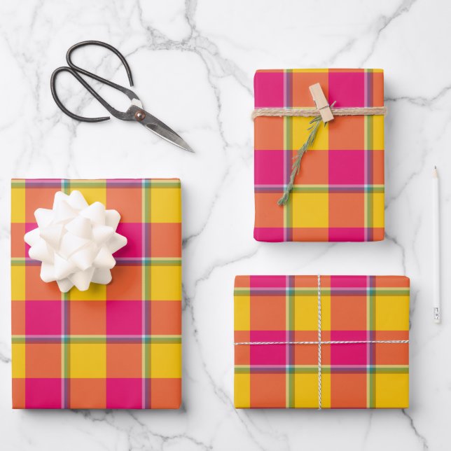 Corn and Razzmatazz Plaid Yellow Pink Wrapping Paper Sheets (Front)