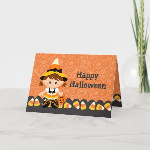 Corn Candy Little Witch Girl Happy Halloween Card