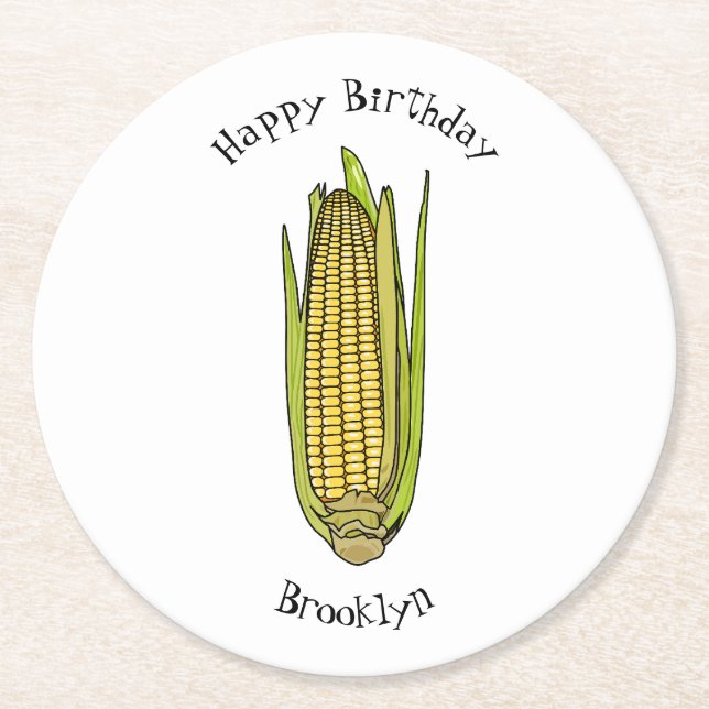 Corn cartoon illustration round paper coaster (Front)