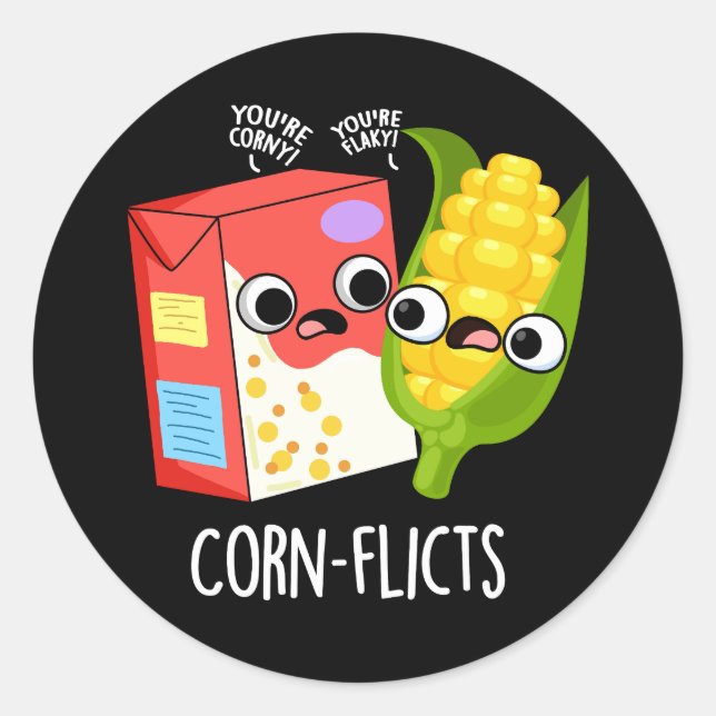Corn-flicts Funny Cornflake Corn Pun  Classic Round Sticker (Front)