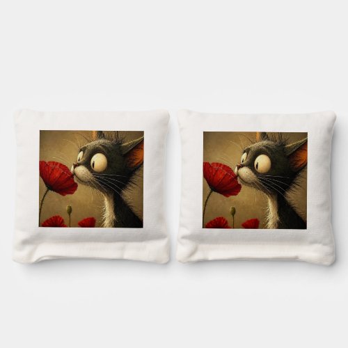 Corn Hole Bags Black & White Cat Red Flower