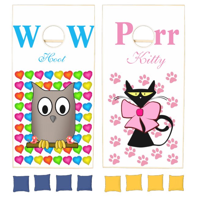 Corn Hole Set Owl Kitten Cat Paw Prints Hearts (Set)