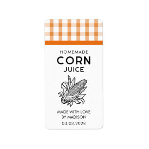 Corn juice label with cob and checkered pattern