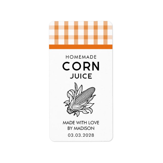 Corn juice label with cob and checkered pattern (Front)